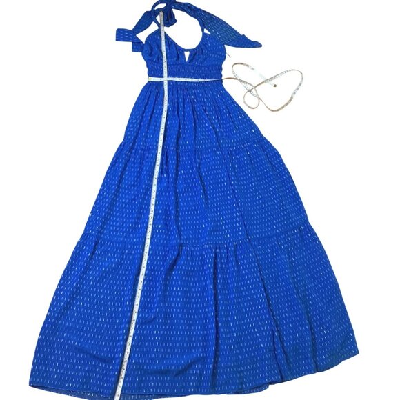 INTERMIX Silk Halter Cutout Maxi Dress Blue Smocked Tiered Lined Resort XS NWOT - Picture 9 of 12